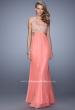 Picture of: Strapless Chiffon Gown with Metallic Lace Top and Slits in Coral, Style: 20819, Detail Picture 1