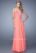 Picture of: Long Sweetheart Neck Gown with Lace Appliques and Belt in Coral, Style: 20822, Main Picture