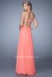 Picture of: Long Sweetheart Neck Gown with Lace Appliques and Belt in Coral, Style: 20822, Back Picture