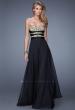 Picture of: Long Chiffon Gown with Embroidered Bodice with "X" Back in Black, Style: 20921, Detail Picture 5