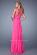 Picture of: Natural Waist Long Chiffon Gown with Beads and Stones in Hot Pink, Style: 20956, Back Picture