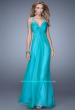 Picture of: Long Chiffon Gown with Jeweled Cut Out Straps in Aqua, Style: 20983, Detail Picture 1