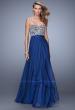 Picture of: Strapless Chiffon Gown with Tiered Skirt and Beading in Navy, Style: 20994, Detail Picture 2