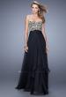 Picture of: Strapless Chiffon Gown with Tiered Skirt and Beading in Black, Style: 20994, Detail Picture 5