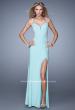 Picture of: Long Prom Dress with Sheer Metallic Embroidery in Aqua, Style: 21024, Back Picture