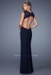 Picture of: Long Cap Sleeve Gown with Cut Outs and Jeweled Lace in Black, Style: 21082, Back Picture