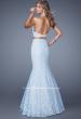 Picture of: Glam Two Piece Halter Lace Dress with Pearl Detail in Blue, Style: 21087, Back Picture