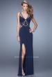 Picture of: Elegant Fitted Prom Dress with V Neck and Side Slit, Style: 21140 in Navy, Detail Picture 3