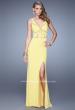 Picture of: Fitted Geometric Prom Dress with V Neck and Slit in Yellow, Style: 21142, Detail Picture 1