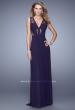 Picture of: V Neck Jersey Gown with Ruched Trim and Sheer Lace in Plum, Style: 21188, Detail Picture 1