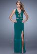 Picture of: Fitted Geo Design Prom Dress with V Neck and Side Slit in Green, Style: 21190, Main Picture