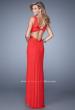 Picture of: Lace Trim Prom Gown with V Neckline and Sheer Detail in Red, Style: 21195, Back Picture