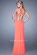 Picture of: Side Slit Jersey Prom Dress with Mesh Detailing in Coral, Style: 21220, Back Picture