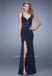 Picture of: Side Slit Jersey Prom Dress with Mesh Detailing in Navy, Style: 21220, Detail Picture 1