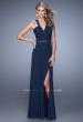 Picture of: Ruched Bodice V Neckline Prom Dress with Beaded Belt in Navy, Style: 21260, Main Picture