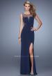 Picture of: V Neckline Jersey Prom Gown with Cut Outs and Beading in Navy, Style: 21266, Main Picture