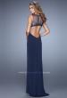 Picture of: V Neckline Jersey Prom Gown with Cut Outs and Beading in Navy, Style: 21266, Back Picture
