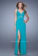 Picture of: Halter Long Jersey Prom Dress with Sheet Cut Outs in Peacock, Style: 21282, Detail Picture 2