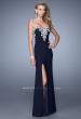 Picture of: Long Jersey Prom Dress with Metallic Embroidery and Slit in Navy, Style: 21292, Main Picture