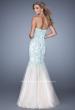 Picture of: Tulle Mermaid Prom Gown with Beaded Lace Straps in Mint and White, Style: 21369, Back Picture