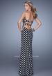 Picture of: Strapless Polka Dot Prom Dress with Criss Cross Straps in Black and White, Style: 21393, Back Picture