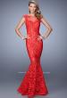 Picture of: Lace Dress with Flared Skirt, Cap Sleeves, and Open Back in Red, Style: 21399, Detail Picture 1