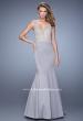 Picture of: Satin Mermaid Dress with V Neck and Metallic Detail in Silver, Style: 21522, Main Picture