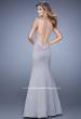 Picture of: Satin Mermaid Dress with V Neck and Metallic Detail in Silver, Style: 21522, Back Picture