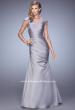 Picture of: V Neck Satin Evening Dress with Cap Sleeves in Silver, Style: 21610, Detail Picture 2