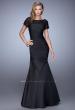 Picture of: Sheer Short Sleeve Satin Dress with Scoop Neckline in Black, Style: 21670, Main Picture