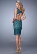 Picture of: V Neck Cocktail Dress with Cut Outs and Lace Overlay in Green, Style: 21815, Back Picture