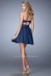 Picture of: Ruched Chiffon Gown with Sequin Belt and Open Back in Blue, Style: 22015, Back Picture