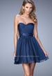 Picture of: Ruched Chiffon Gown with Sequin Belt and Open Back in Blue, Style: 22015, Detail Picture 1