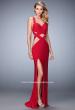 Picture of: Strappy Jersey Prom Dress with Panel Detail and Slit in Red, Style: 22172, Detail Picture 1