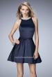 Picture of: Short Stretch Satin Dress with Pearl and Diamond Neckline in Blue, Style: 22212, Detail Picture 1