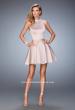 Picture of: Short Stretch Satin Dress with Pearl and Diamond Neckline in Pink, Style: 22212, Detail Picture 2