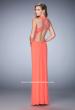 Picture of: Geo Cut Jersey Prom Dress with Sheer Racer Back in Orange, Style: 22259, Back Picture