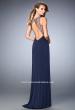 Picture of: Glam V Neckline Prom Dress with Sheer Detail and Beads in Blue, Style: 22296, Back Picture