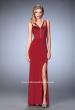 Picture of: V Neckline Jersey Gown with Satin Bodice and Sheer Back in Red, Style: 22301, Main Picture