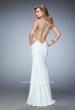 Picture of: Long Open Back Jersey Prom Dress with Gold Stud Detail in White, Style: 22307, Back Picture