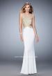 Picture of: Racer Back Jersey Prom Dress with Gold Embroidery in White, Style: 22325, Detail Picture 3