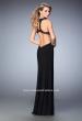 Picture of: Open Back Long Prom Dress with Beaded Detail and Slit in Black, Style: 22326, Back Picture
