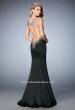 Picture of: Satin Mermaid Gown with Open Back and Cascading Beads in Black, Style: 22365, Back Picture