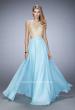 Picture of: Gold Lace Embellished High Neckline Prom Dress in Blue, Style: 22372, Detail Picture 1