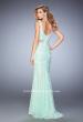 Picture of: Faux Two Piece Lace Dress with Sheer Detail and Stones in Green, Style: 22377, Back Picture