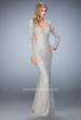 Picture of: Long Sleeve Lace Prom Gown with Plunging Neckline in Silver, Style: 22607, Detail Picture 1