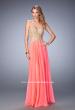 Picture of: Long Chiffon Prom Dress with Gold Lace Applique in Orange, Style: 22707, Detail Picture 1