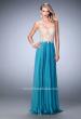 Picture of: Long Chiffon Prom Dress with Gold Lace Applique in Blue, Style: 22707, Detail Picture 2