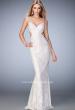 Picture of: Lace Prom Dress with Train, Open Back, and Stones in White, Style: 22740, Back Picture
