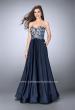 Picture of: Satin A-line Dress with Beaded Lace Top and Open Back in Blue, Style: 23881, Main Picture